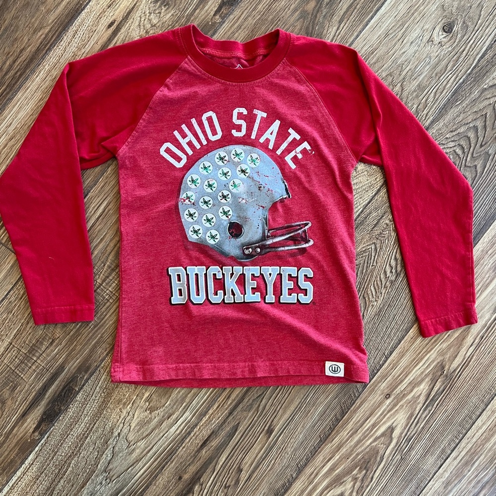 Ohio State Buckeyes Helmet Buckeye Leaf Kids Long Sleeve Tee